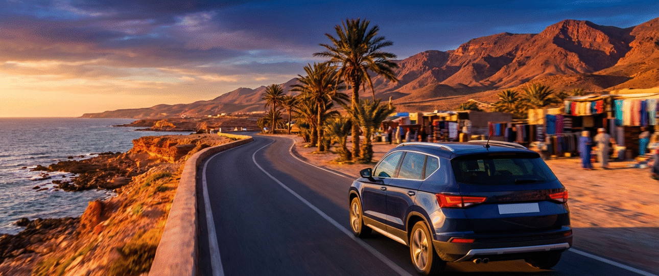Scenic drive in Morocco: Rental car on coastal highway from Casablanca to Marrakech, perfect for safe road trips based on car rental Morocco reviews, showcasing vibrant landscapes and epic 7-day itineraries