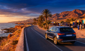 Scenic drive in Morocco: Rental car on coastal highway from Casablanca to Marrakech, perfect for safe road trips based on car rental Morocco reviews, showcasing vibrant landscapes and epic 7-day itineraries