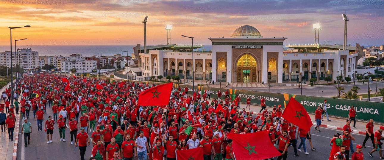 Exciting things to do in Casablanca near stadium: Football fans heading to Mohammed V Stadium with ocean views and Moroccan culture vibes, perfect for AFCON 2025 travelers seeking adventure and relaxation in Maârif district