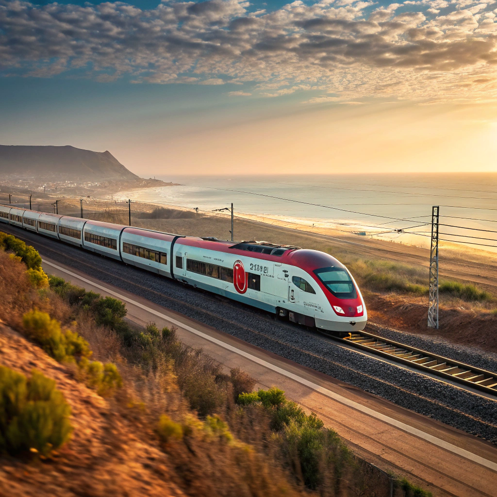 High-speed Al Boraq train providing seamless transport between afcon cities like Tangier and Casablanca for fans seeking last minute hotels afcon during Morocco's 2025 Africa Cup of Nations Round of 16, reliable and scenic journey
