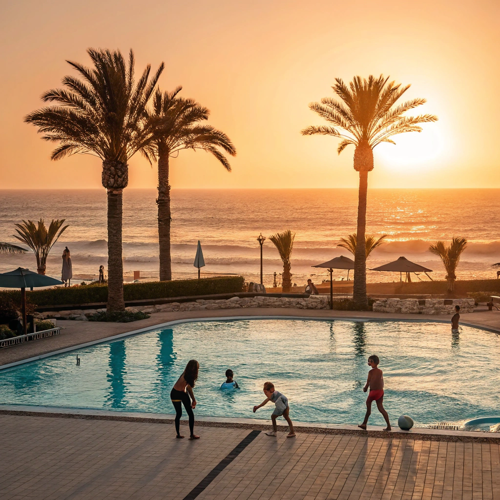 Family relaxing by pool at family friendly resorts in Agadir, Morocco's beach paradise for AFCON trips, all-inclusive options with kids' activities and ocean views, complementing best hostels in Marrakech for solo travelers in tournament season