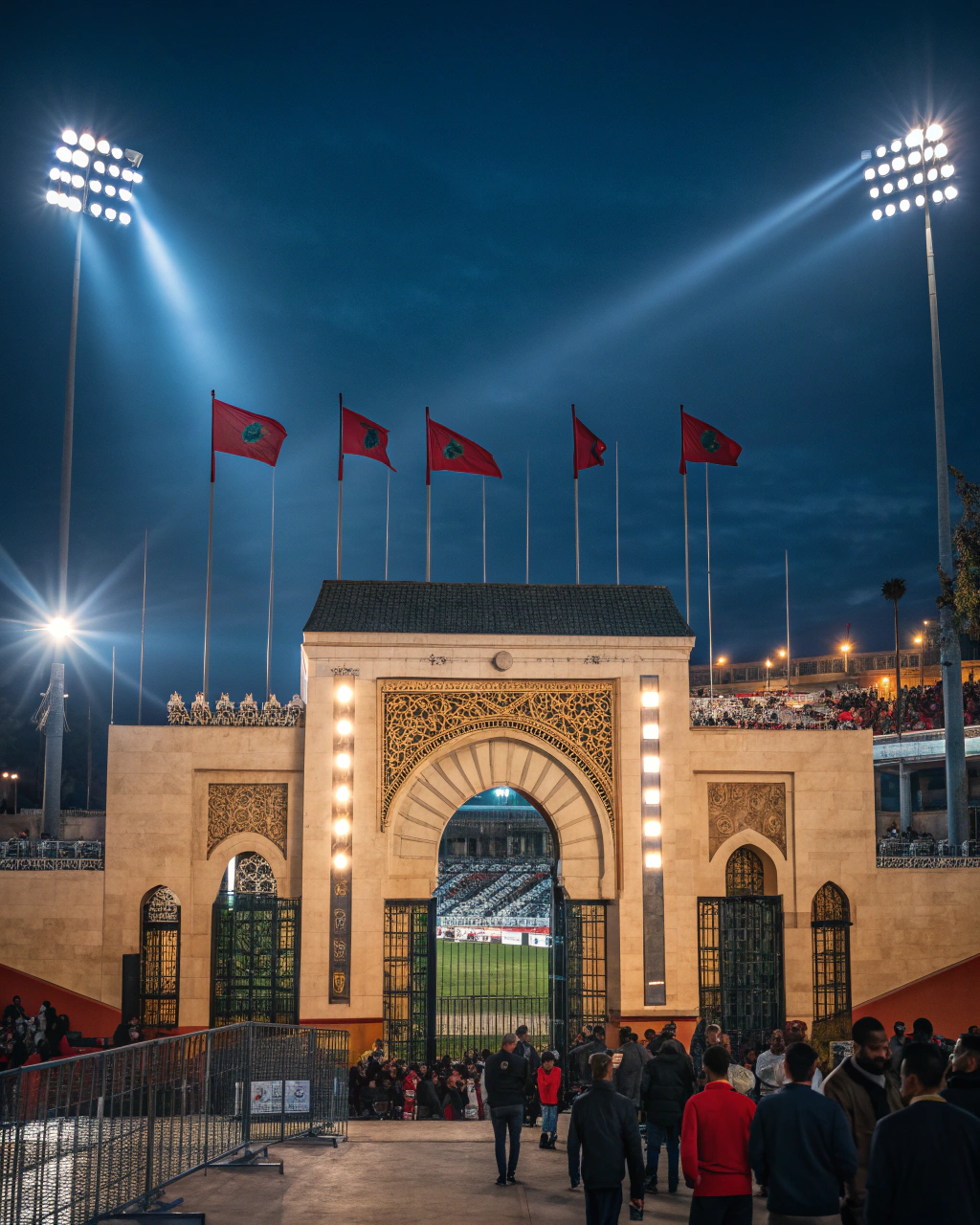 Thrilling entrance to Grand Stade de Tangier for AFCON Round of 16, fans arriving for high-stakes matches, spotlighting hotels near AFCON stadium in Morocco for seamless last minute travel experiences