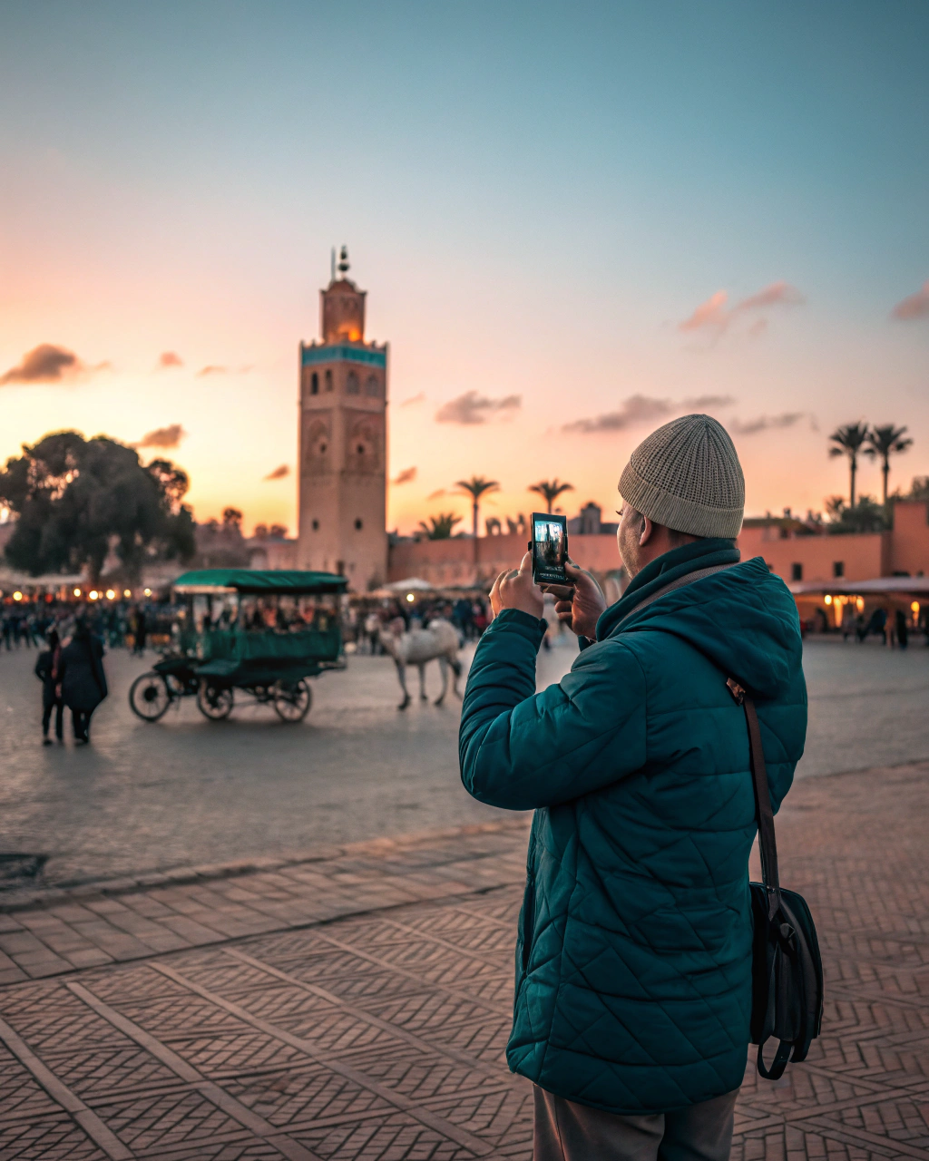 Traveler checking car rental Morocco reviews at vibrant Marrakech market, essential for safe driving and avoiding scams on your Morocco road trip itinerary 7 days