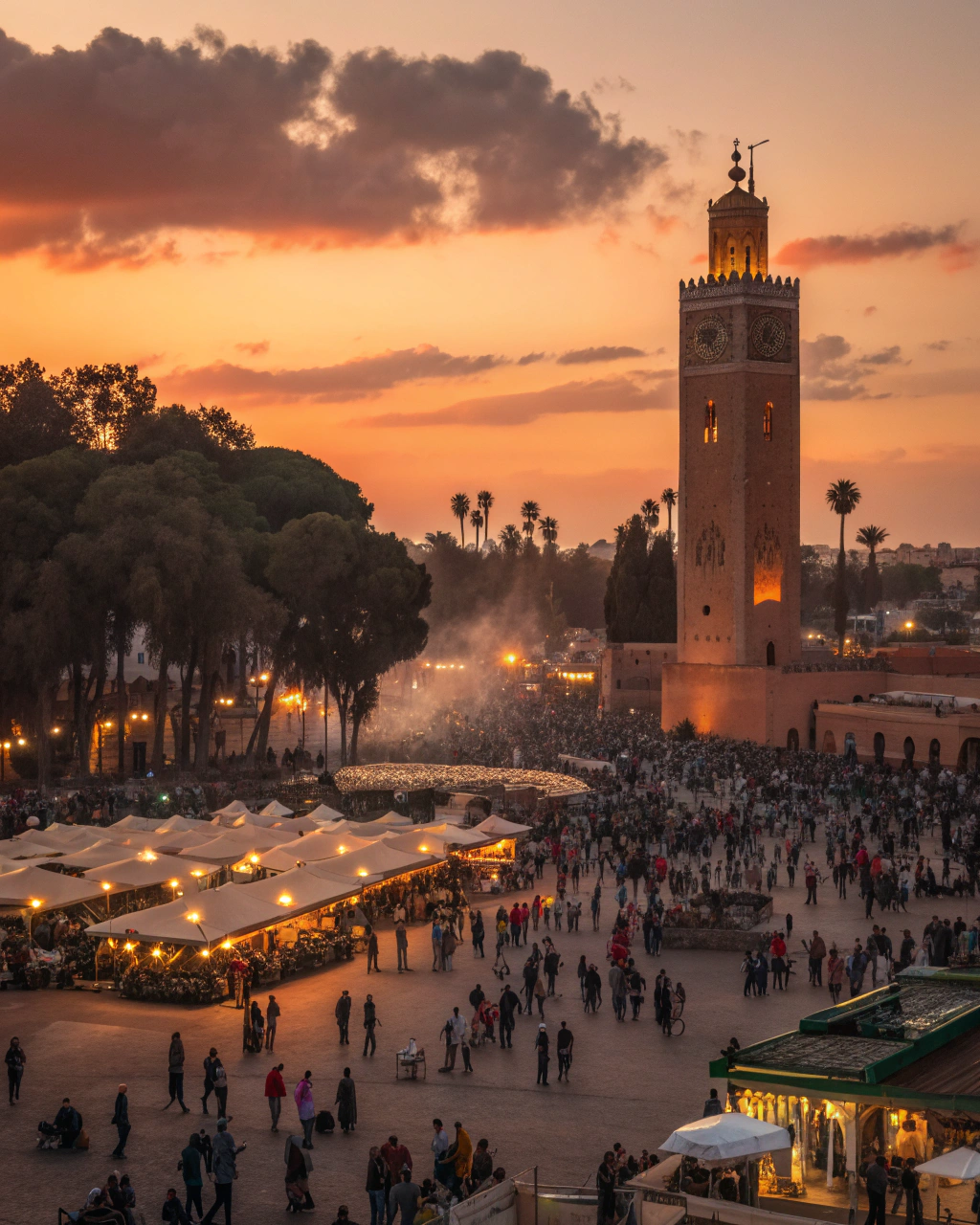 AFCON fan zones Morocco 2025 at Jemaa El-Fna Marrakech – safe nighttime viewing with giant screens, local cuisine, and cultural performances for solo travelers exploring nightlife and football excitement
