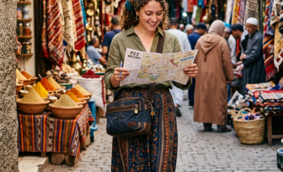 Solo female traveler confidently exploring the ancient Fez medina, demonstrating practical navigation and cultural respect for a safe Morocco trip.