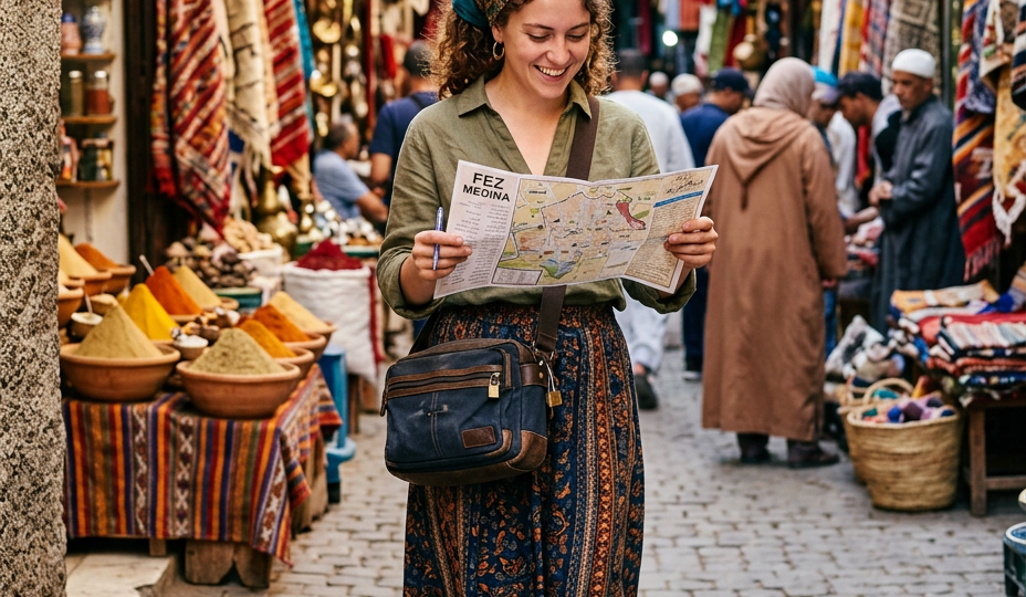 Solo female traveler confidently exploring the ancient Fez medina, demonstrating practical navigation and cultural respect for a safe Morocco trip.