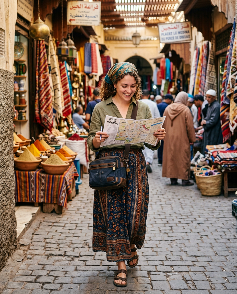 Solo female traveler confidently exploring the ancient Fez medina, demonstrating practical navigation and cultural respect for a safe Morocco trip.