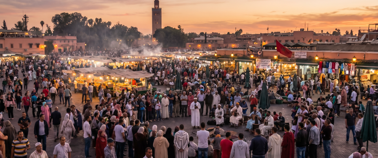 Essential Morocco travel tips for 2026: vibrant scene at Jemaa el-Fna square in Marrakech showcasing the energy, food, and culture covered in this ultimate guide.