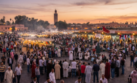 Essential Morocco travel tips for 2026: vibrant scene at Jemaa el-Fna square in Marrakech showcasing the energy, food, and culture covered in this ultimate guide.