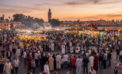 Essential Morocco travel tips for 2026: vibrant scene at Jemaa el-Fna square in Marrakech showcasing the energy, food, and culture covered in this ultimate guide.