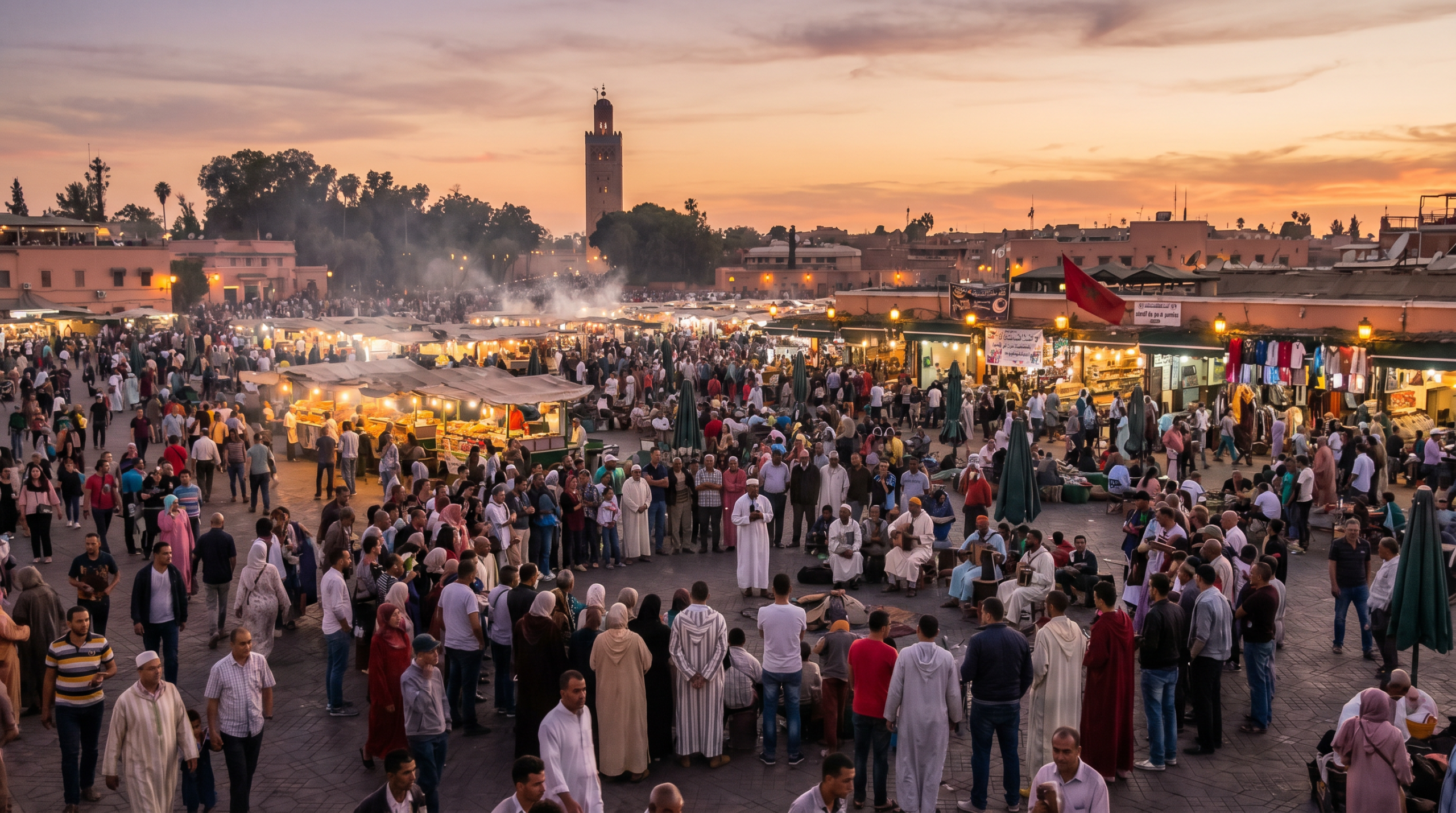 Essential Morocco travel tips for 2026: vibrant scene at Jemaa el-Fna square in Marrakech showcasing the energy, food, and culture covered in this ultimate guide.
