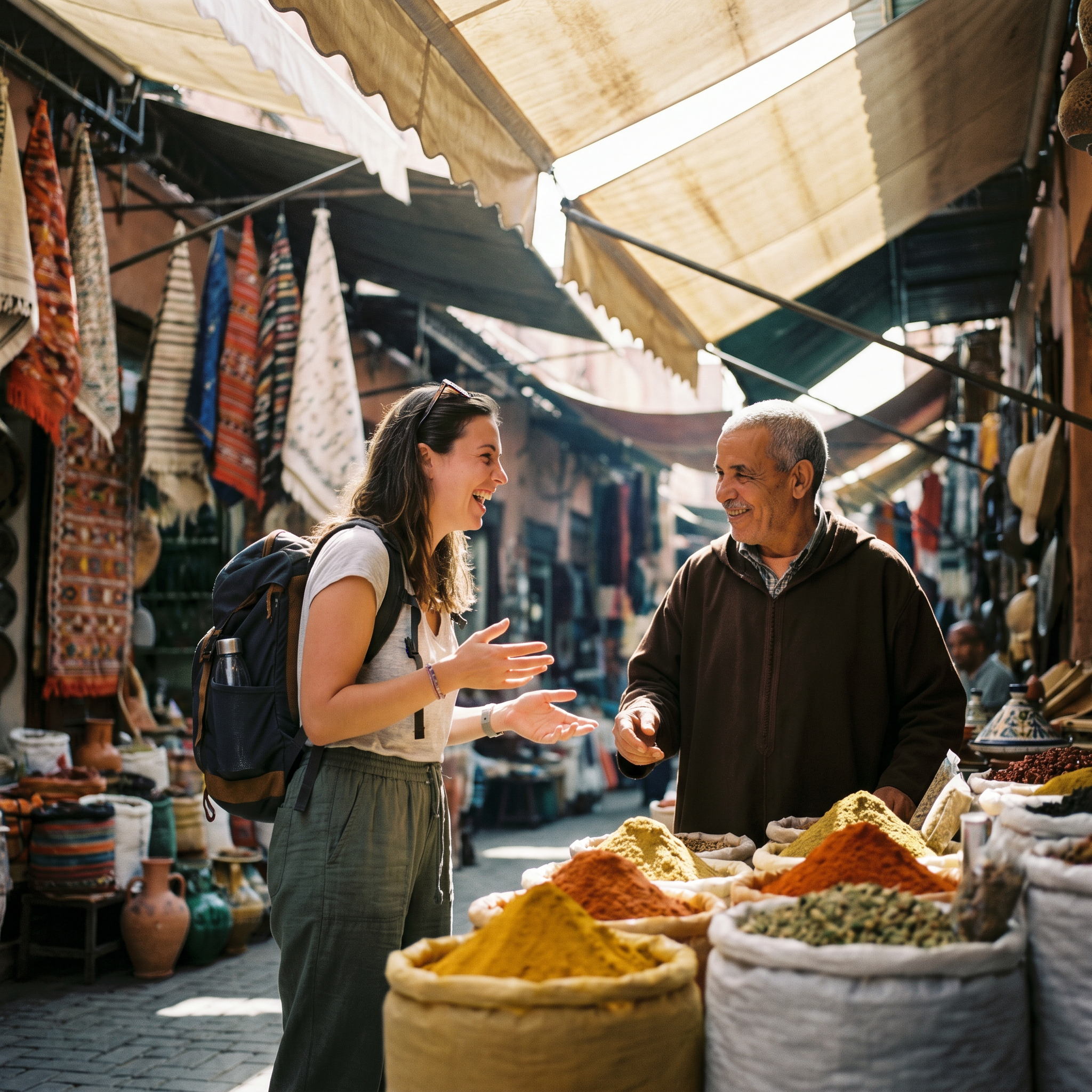 Practical Morocco travel tip: a visitor engaging in friendly spice market bargaining in the Marrakech medina, a key cultural experience for first-time travelers.