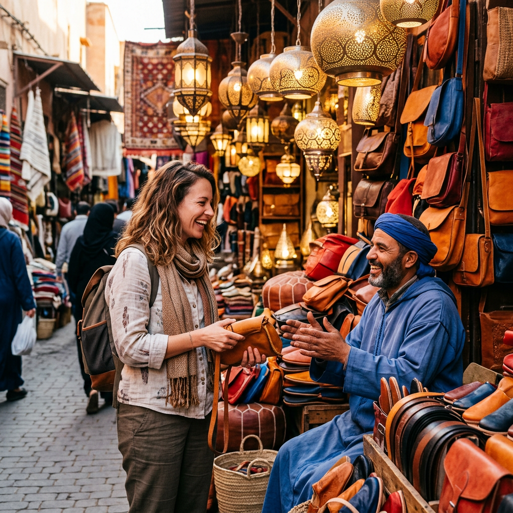 Solo female traveler happily haggling for souvenirs in a Marrakech market, showcasing smart and confident cultural engagement for a safe experience.
