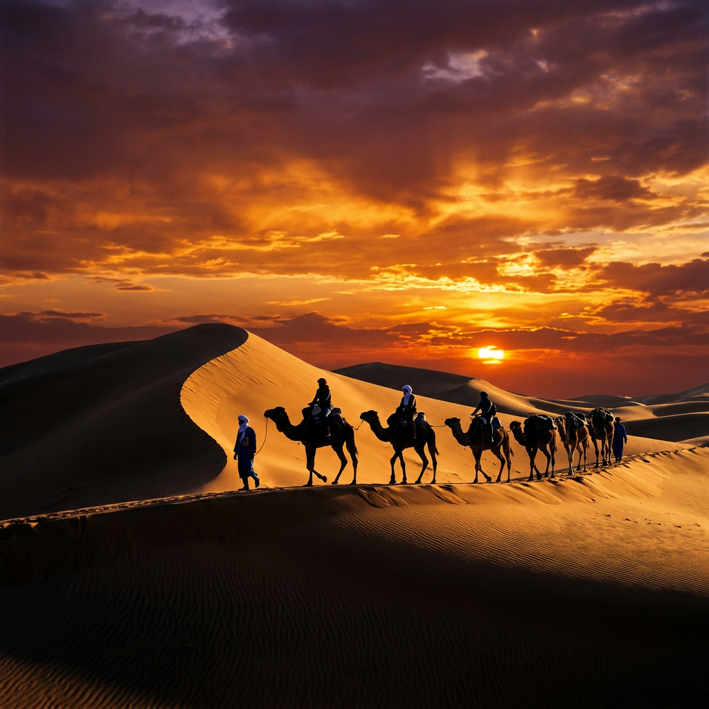 Inspiring Morocco itinerary 7 days highlight: camel trek at sunset on Erg Chebbi dunes in the Sahara Desert, the pinnacle of a classic Moroccan adventure.