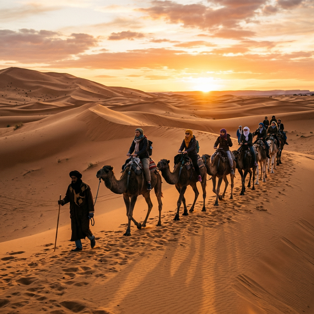 Sahara Desert camel trek experience in Merzouga during sunset, essential part of classic Morocco itinerary 1 week from Marrakech to Fes adventure