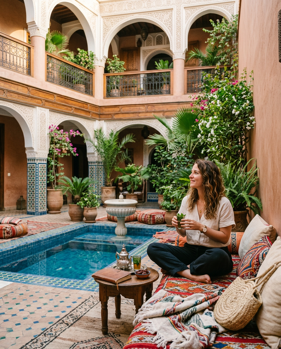 Solo female traveler relaxing in the secure and serene courtyard of a traditional riad hotel in Marrakech, a safe haven for women travelers.