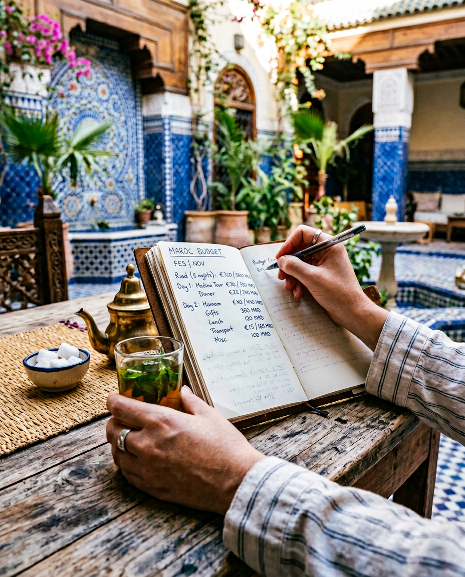 Morocco travel cost and budget planning guide: hands calculating expenses with mint tea in a traditional riad courtyard in Fes, essential for affordable travel.