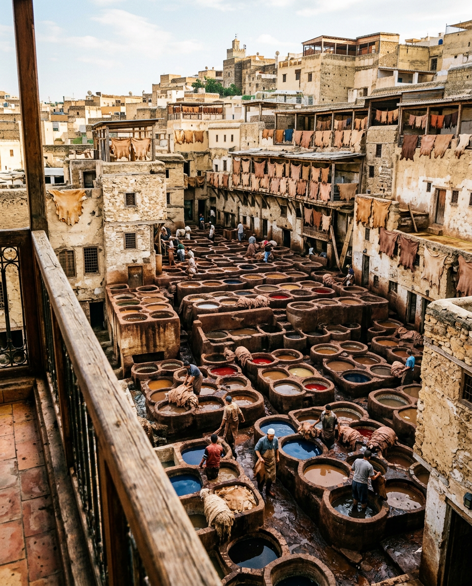 Chouara Tannery traditional leather dyeing process in Fes medina, cultural highlight for first-time visitors on Morocco itinerary