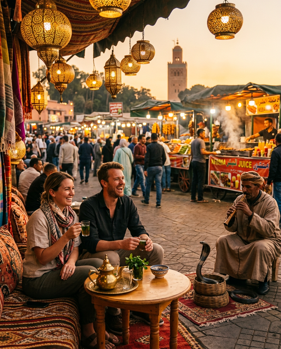 Marrakech Morocco itinerary first day experience at Djemaa el-Fna square with snake charmers, food stalls, and traditional entertainment for visitors
