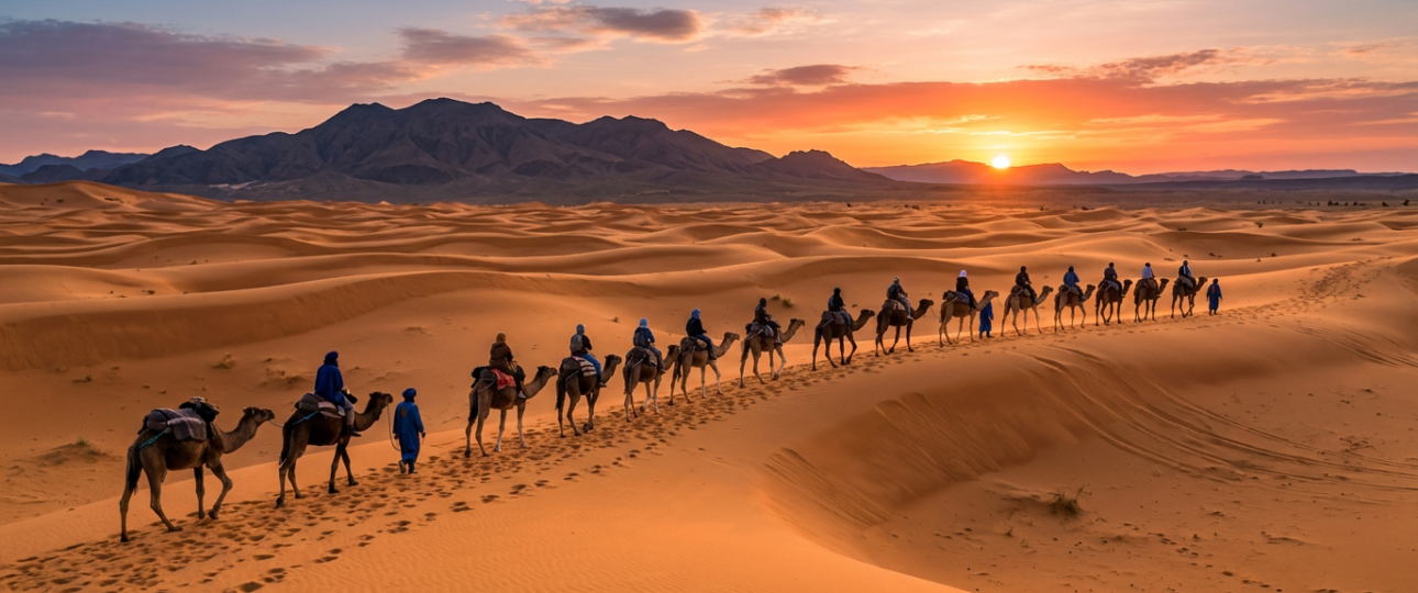 Ultimate Morocco itinerary 1 week featuring camel caravan trek at sunset across Erg Chebbi Sahara Desert dunes near Merzouga, representing classic Marrakech to Fes adventure route