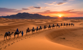 Ultimate Morocco itinerary 1 week featuring camel caravan trek at sunset across Erg Chebbi Sahara Desert dunes near Merzouga, representing classic Marrakech to Fes adventure route