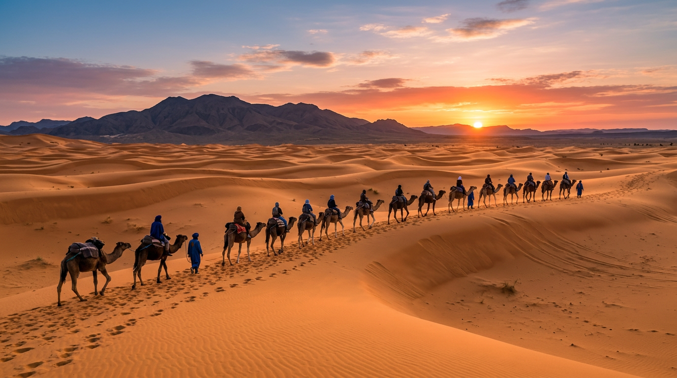 Ultimate Morocco itinerary 1 week featuring camel caravan trek at sunset across Erg Chebbi Sahara Desert dunes near Merzouga, representing classic Marrakech to Fes adventure route