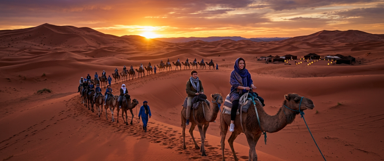 Sunset camel trek in Morocco's Erg Chebbi Sahara dunes - ultimate bucket list experience for your Morocco itinerary adventure travel