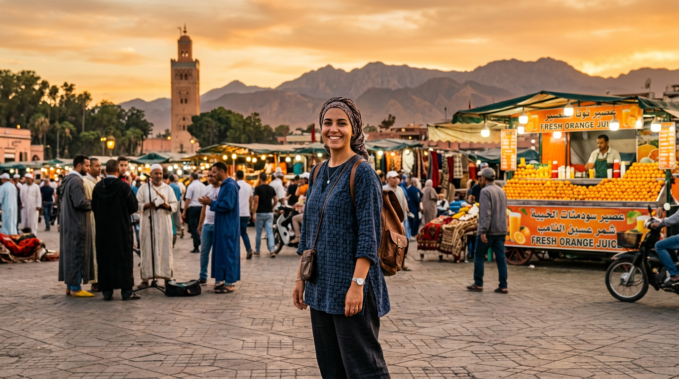 Confident solo female traveler enjoying Jemaa el-Fnaa square in Marrakech at sunset, representing safe and empowering solo travel experiences for women in Morocco.