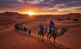 Sunset camel trek in Morocco's Erg Chebbi Sahara dunes - ultimate bucket list experience for your Morocco itinerary adventure travel