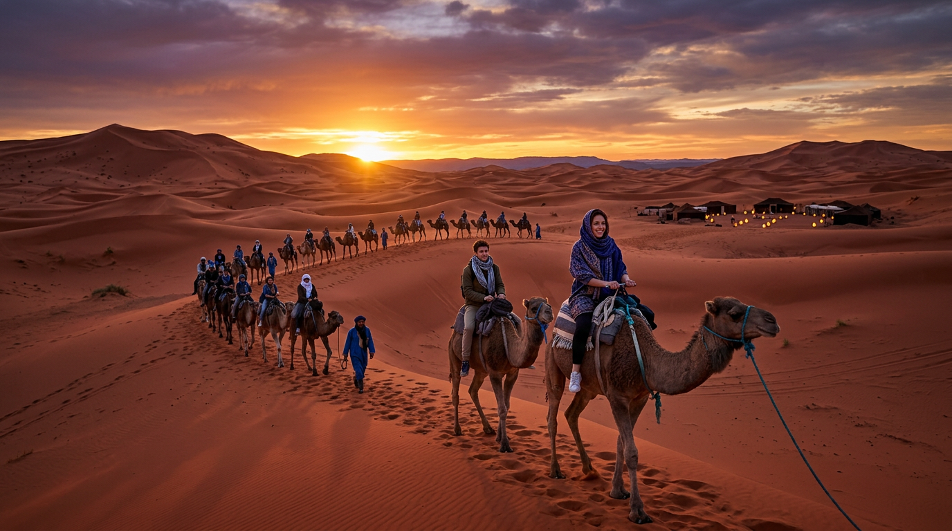 Ultimate Morocco itinerary panoramic view showing Marrakech medina, Sahara desert dunes, and Atlas Mountains landscape