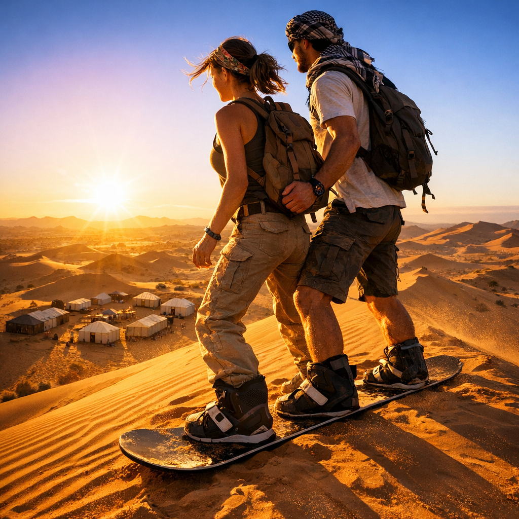 Sandboarding adventure on Morocco's Sahara dunes - thrilling activity to include in your Merzouga desert itinerary experience