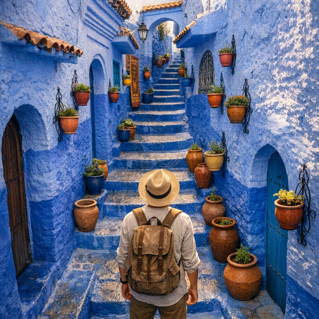 Exploring the iconic blue streets of Chefchaouen, Morocco - must-visit destination in any Morocco travel itinerary through the Rif Mountains