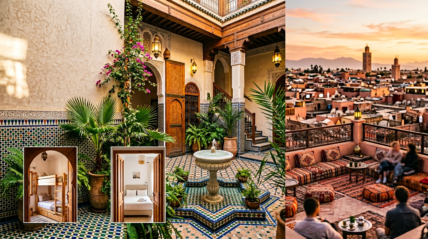 Traditional Moroccan riad courtyard with colorful tiles and rooftop terrace in Marrakech representing cheap accommodation in Morocco including hostels, budget hotels, and affordable riads.