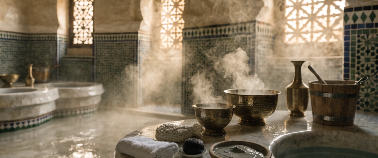 Traditional Moroccan hammam interior with steam, mosaic tiles, black soap, kessa glove, and marble washing platform showcasing an authentic hammam experience in Morocco.