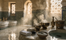 Traditional Moroccan hammam interior with steam, mosaic tiles, black soap, kessa glove, and marble washing platform showcasing an authentic hammam experience in Morocco.