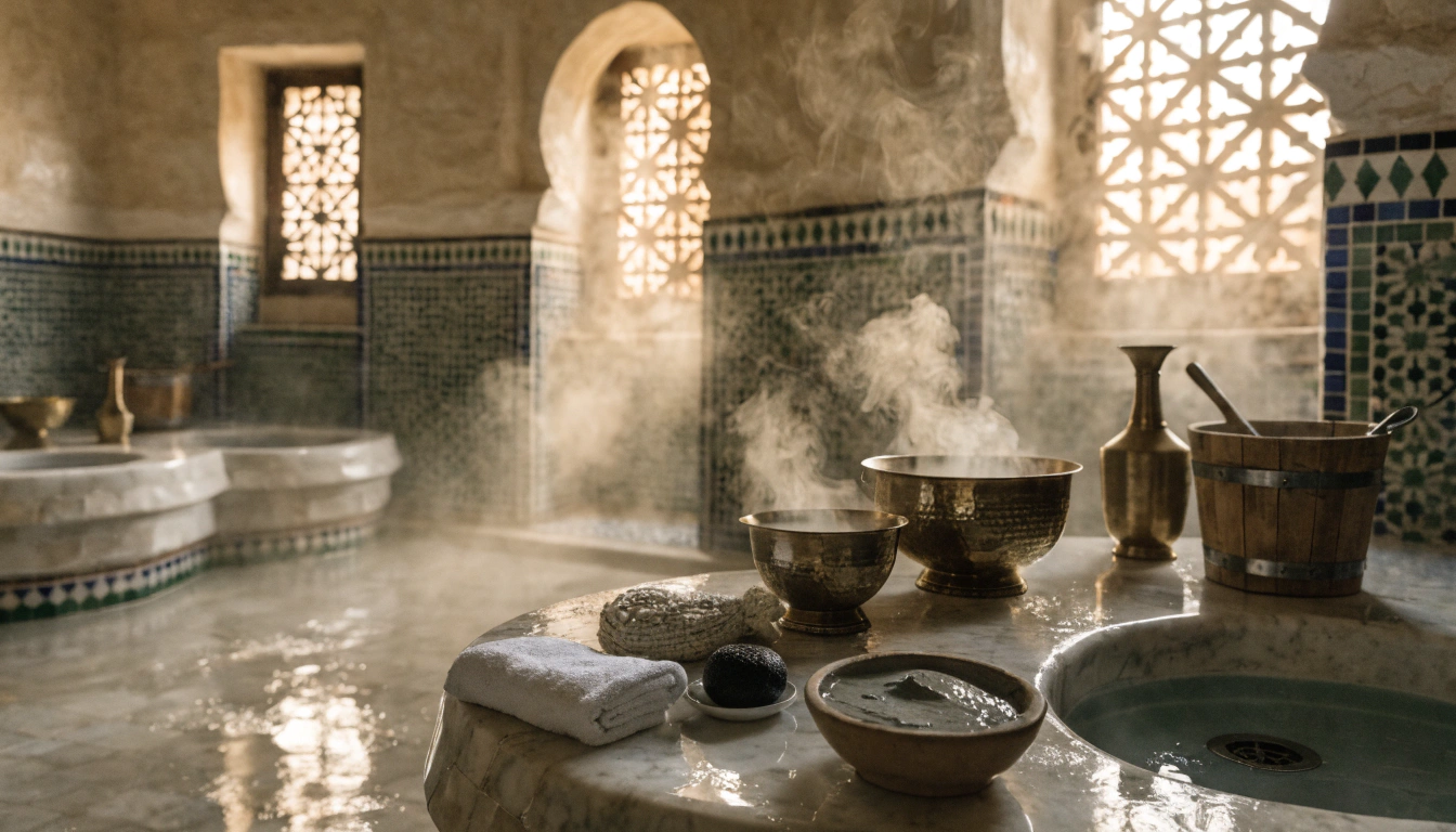 Traditional Moroccan hammam interior with steam and tilework — hammam experience Morocco