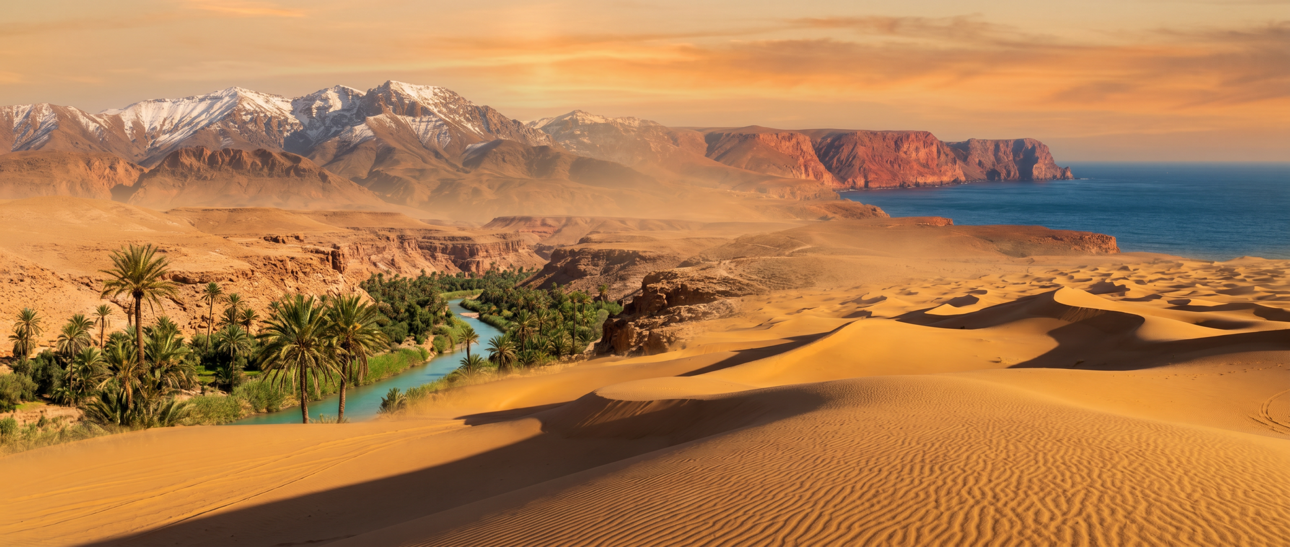 Morocco natural wonders panorama featuring Sahara dunes, Atlas Mountains, and dramatic gorges