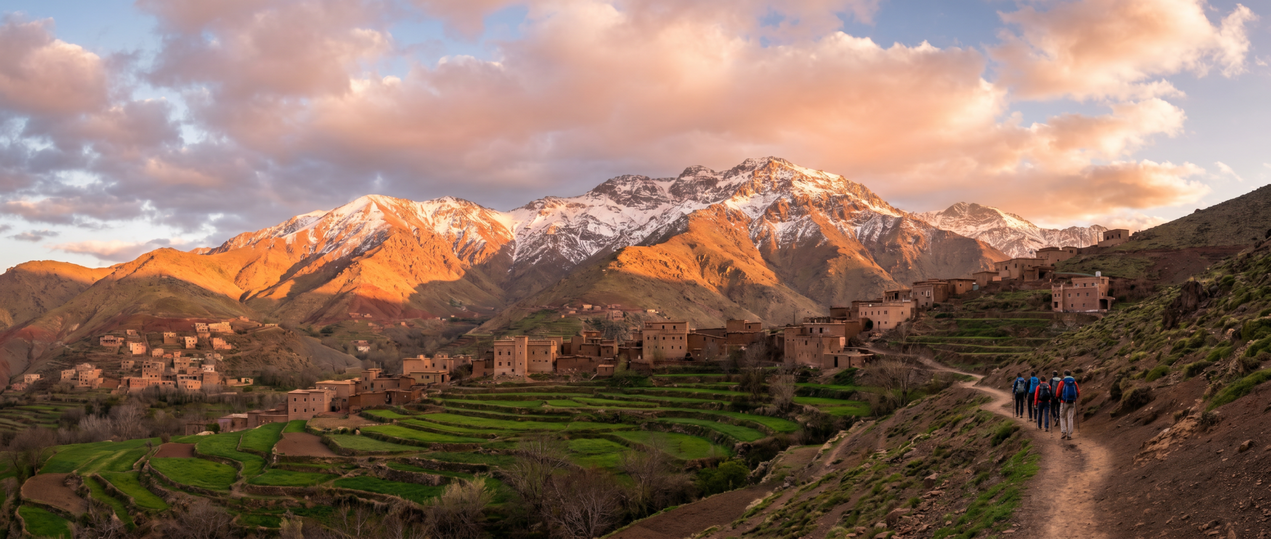 Hikers trekking through the High Atlas Mountains with snow-capped Mount Toubkal in the distance