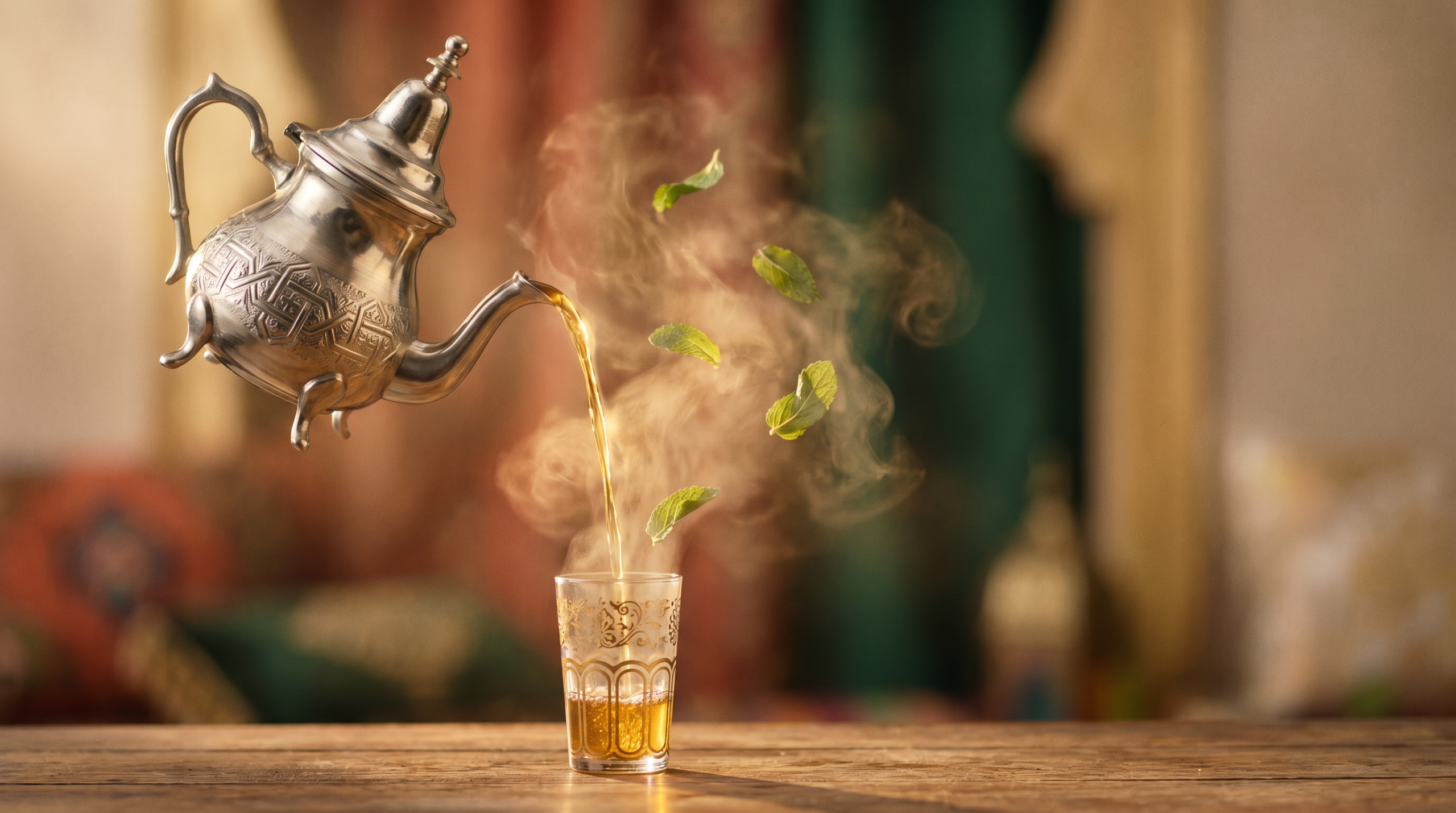 Traditional Moroccan mint tea being poured from a silver berrad teapot into ornate glasses with fresh spearmint