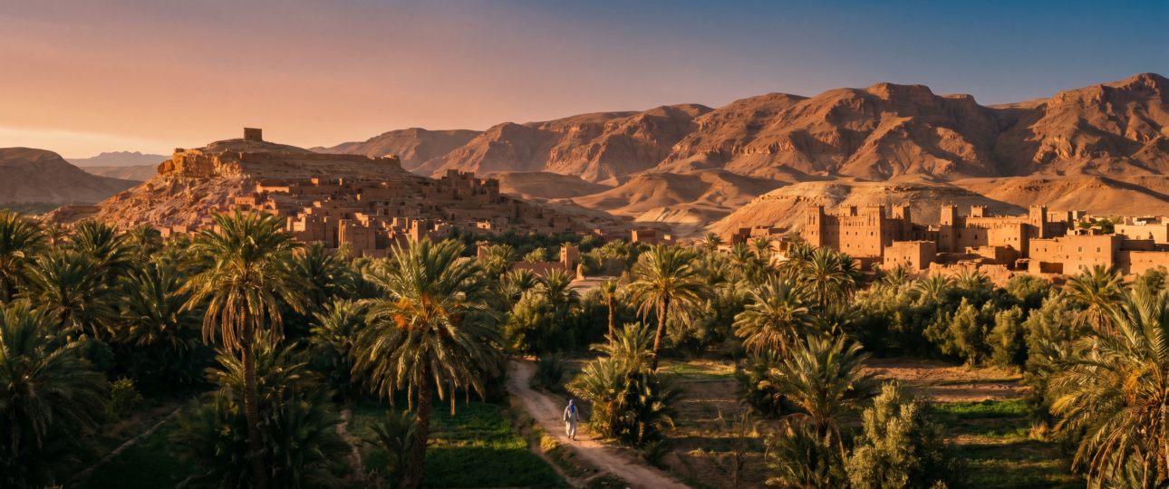 Rural Morocco countryside with palm oasis, traditional kasbah, and Atlas Mountains at sunset