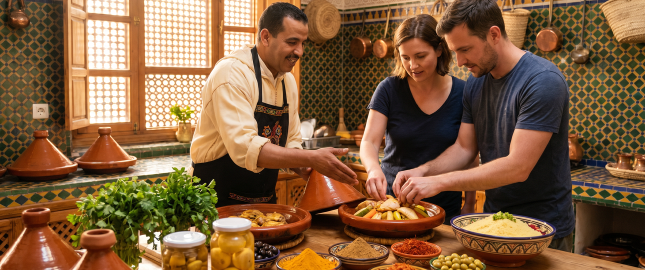 Moroccan cooking class in a traditional riad kitchen with chef preparing tagine, surrounded by colorful spices, couscous, and authentic Moroccan decor