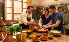 Moroccan cooking class in a traditional riad kitchen with chef preparing tagine, surrounded by colorful spices, couscous, and authentic Moroccan decor
