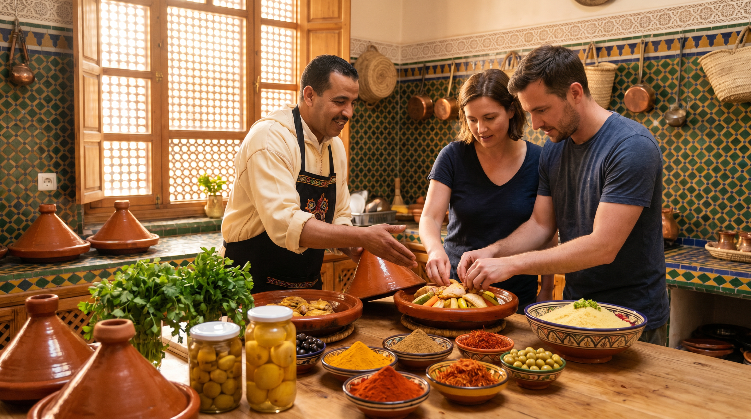 Moroccan cooking classes with traditional tagines and colorful spices in a riad kitchen