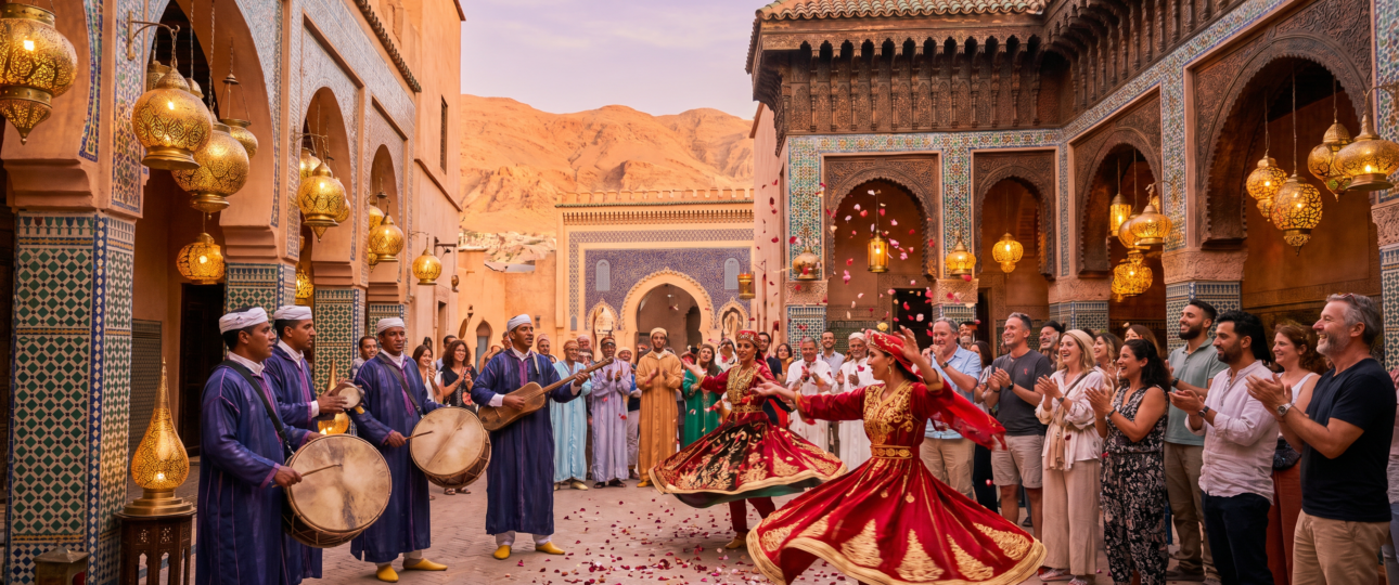 Moroccan cultural festival in 2025 with traditional musicians, folkloric dancers, colorful costumes, and historic architecture at sunset