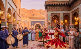 Moroccan cultural festival in 2025 with traditional musicians, folkloric dancers, colorful costumes, and historic architecture at sunset