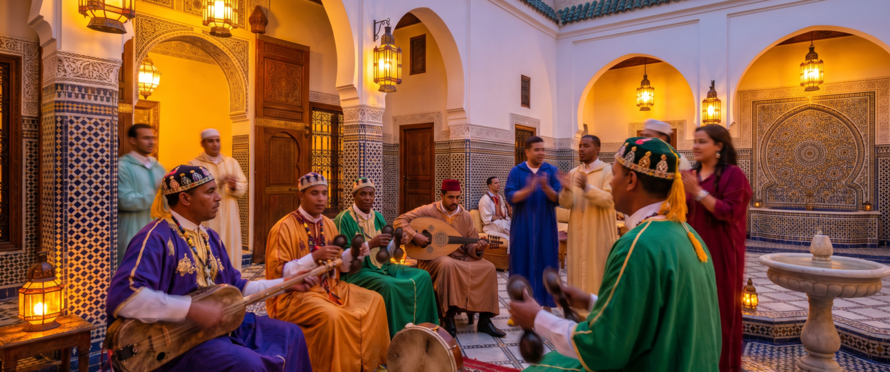 Gnawa musicians playing guembri and qraqeb in a traditional Moroccan riad courtyard with zellige tiles and lantern lighting at sunset.