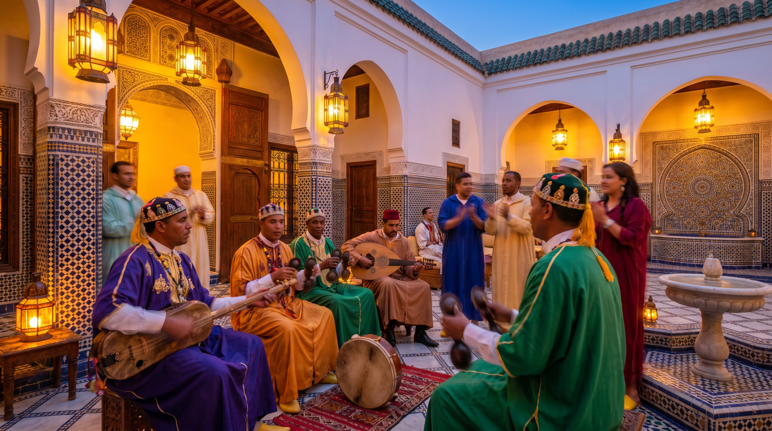 Traditional Moroccan music performance with Gnawa musicians playing guembri and qraqeb instruments