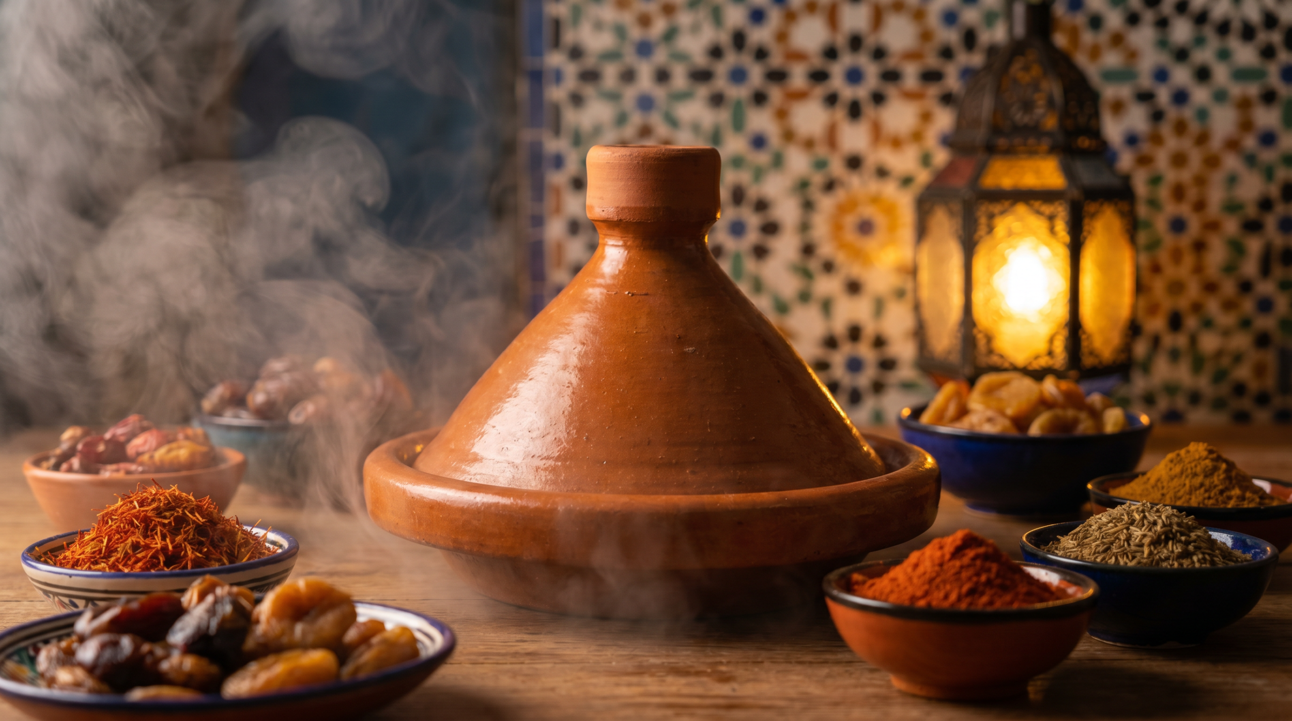 Traditional Moroccan food spread with tagines, couscous, and mint tea - Moroccan cuisine