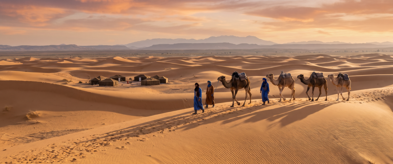 Sahara Desert tour in Morocco featuring camel caravan on golden Erg Chebbi dunes at sunset with luxury desert camp in the distance