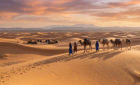 Sahara Desert tour in Morocco featuring camel caravan on golden Erg Chebbi dunes at sunset with luxury desert camp in the distance